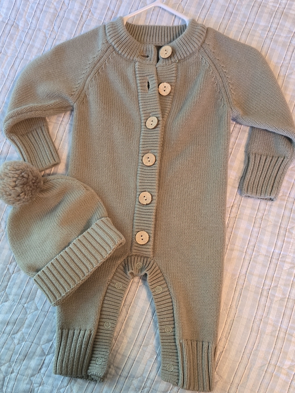 Caden Lane Olive Green Knit Baby One-Piece with Pom Hat